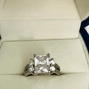 Sterling Silver 925 Princess Cut and Pave CZ Cocktail Ring - Size 6